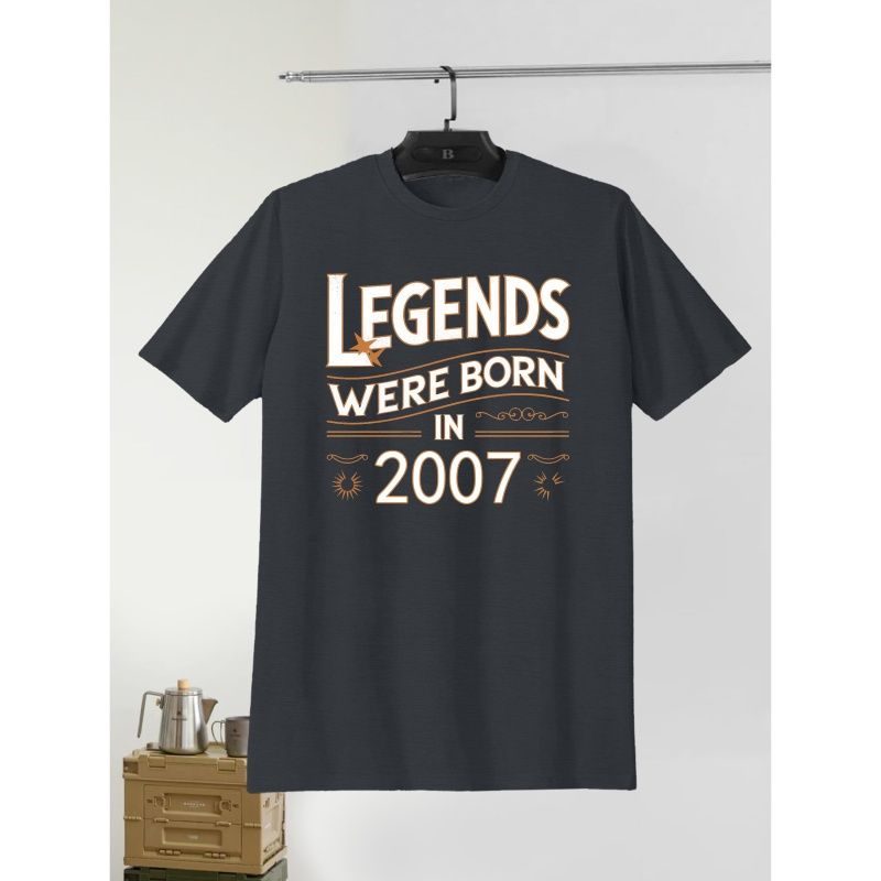 

[home Relaxation] Men's Casual Crew Neck T-shirt With " Born In 2007" Print, 100% Polyester Knit Fabric, Geometric Pattern, Lightweight Summer Top, Tshirt | Crew Neck Tee | Lightweight Fabric