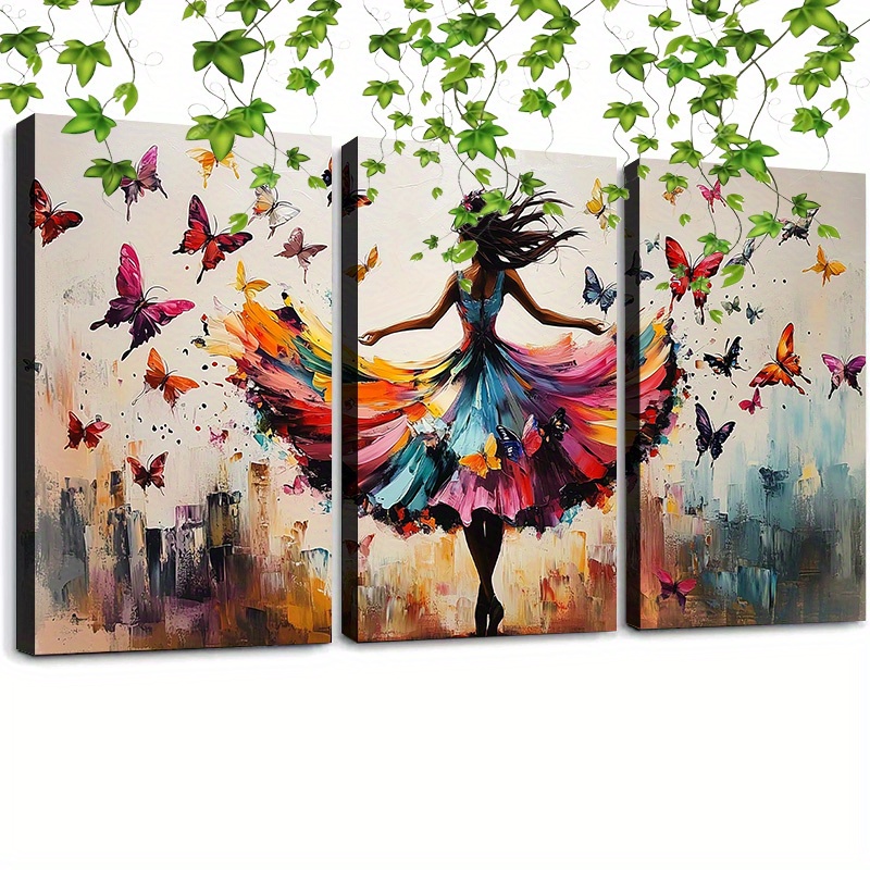 

Encadrement 12in * 16in 3pcs Femme Dansante avec Papillon Toile Murale Art Fille Poster pour Décoration Murale de Bureau à Domicile