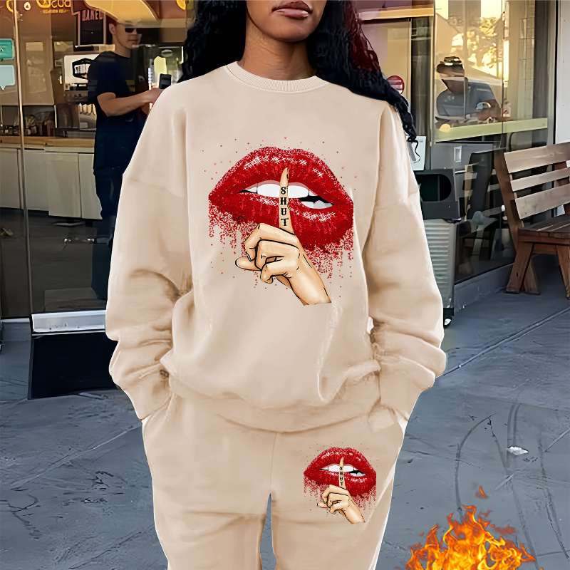 

Women's Casual Two-piece Set - Cozy Polyester Crew Neck Sweatshirt & Pants With Red Lipstick Kiss Design, Machine Washable,