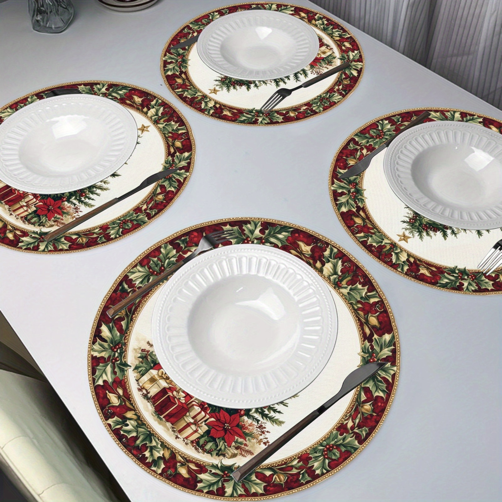 

Christmas Holiday Placemats Set Of 4 - Table Christmas Tree & Poinsettias , , Washable - Table Decor