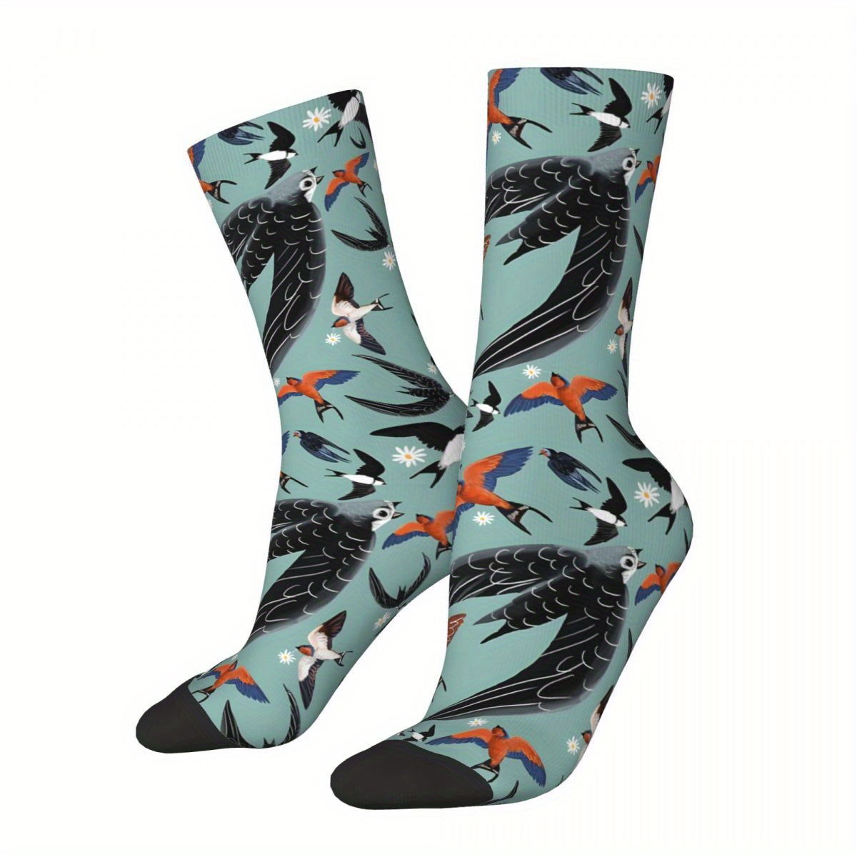 

1 Pair Biihudu Men'-inspired & Swift Crew Socks - , Artistic Bird Pattern, Seamless 3d , Breathable Polyester , Fit For Casual Attire