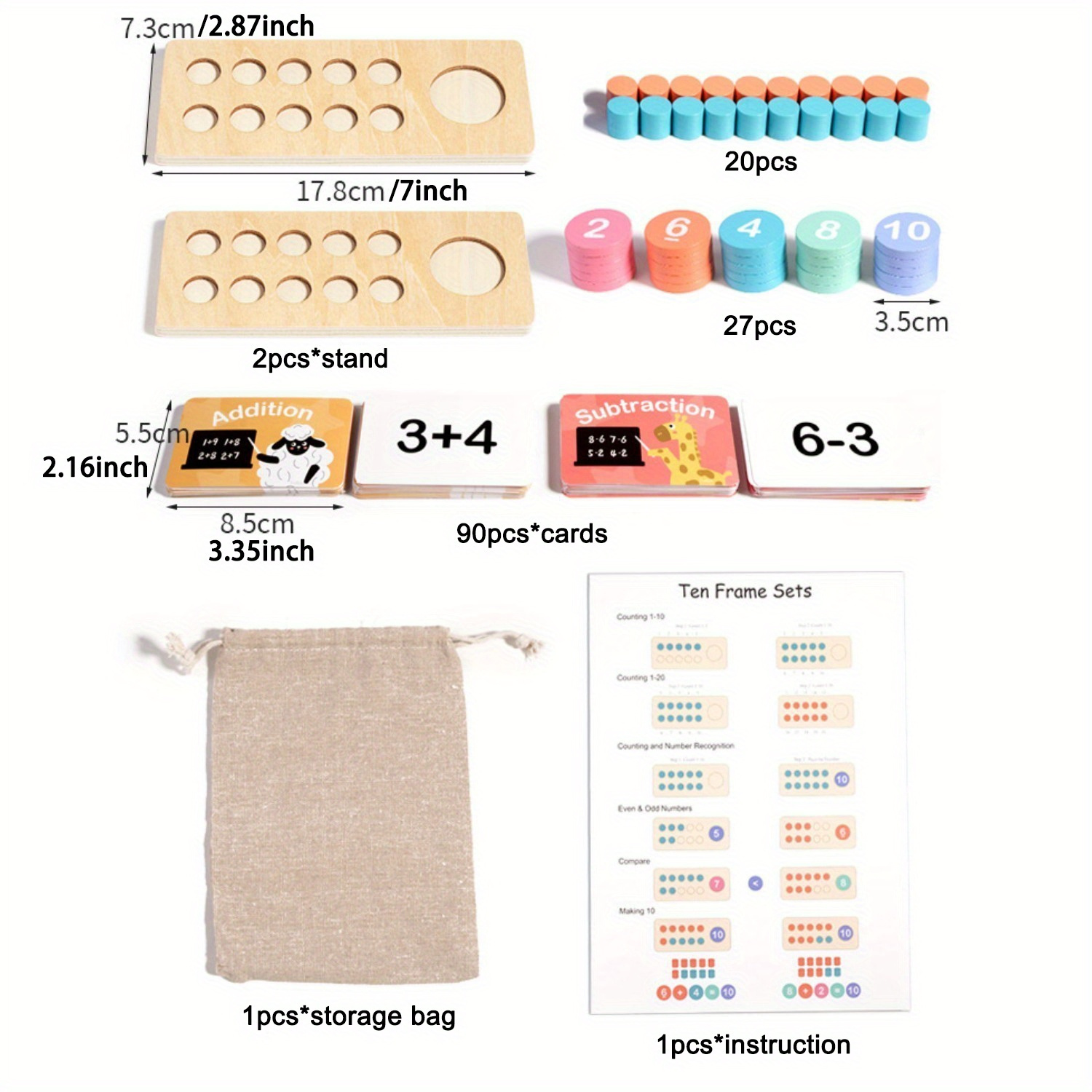 Wooden Ten-Frame Set Mathematics Teaching Aids Are Suitable For Kindergarten, Primary School, Grade 1, Home School, Addition And Subtraction Of Mathematics Games, Counter Toys Suitable For Aged 3-8