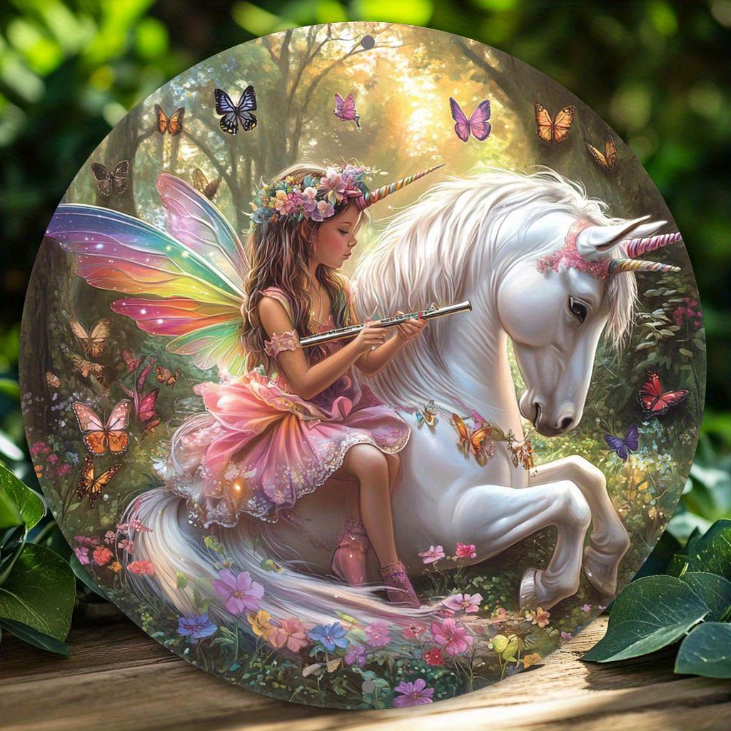 TEMU 2d Flat, 2d Flat 1pc Print Round Vintage Aluminum Decoratet Unicorn Girl Themed For Bar Kitchen Coffee Living Room Office Decor Party Decor