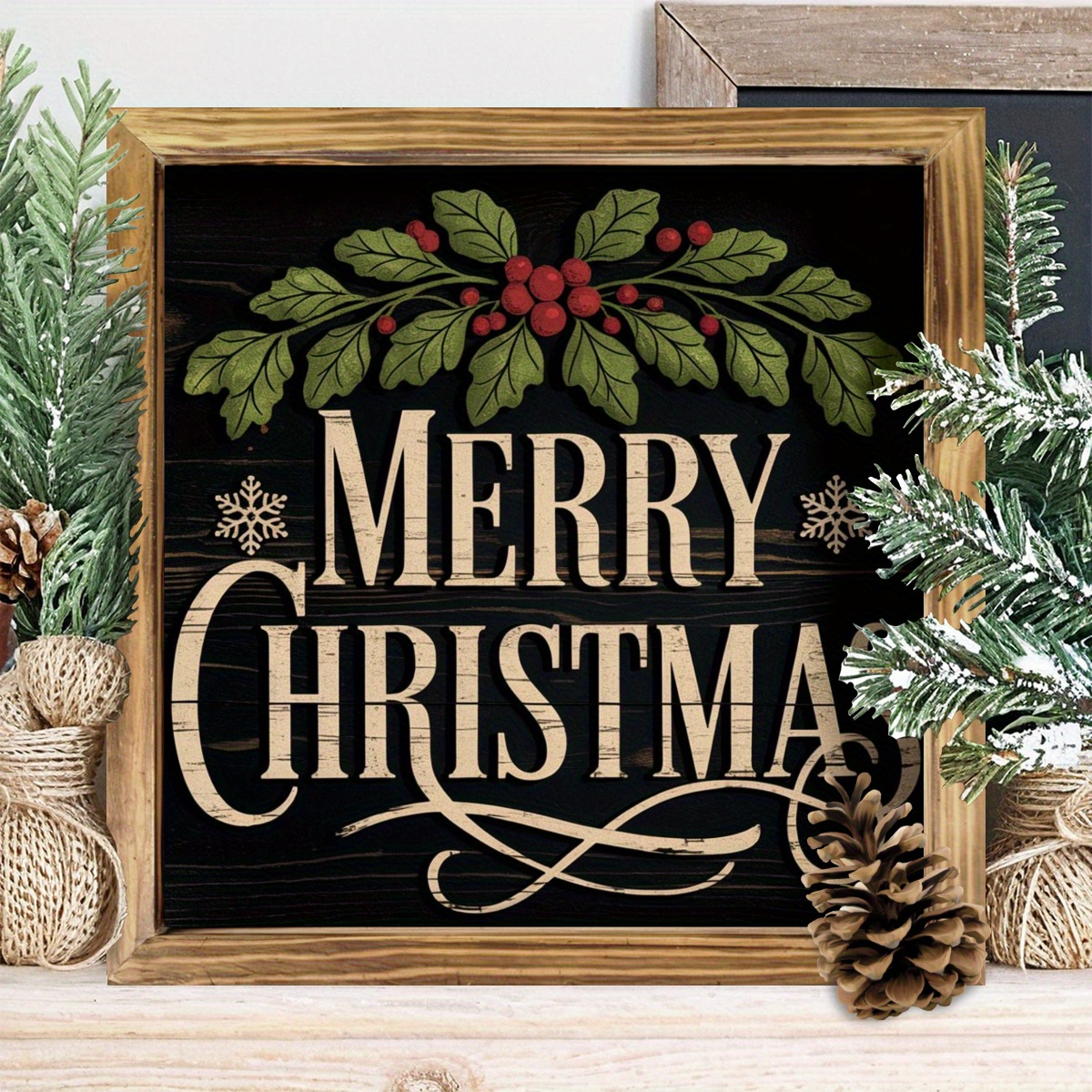 TEMU 1pc Rustic Wooden Merry Christmas Sign - 8x8 Inch Farmhouse Wall & Tabletop Decor With Elegant Cursive Lettering & Wreath - No /-free Holiday