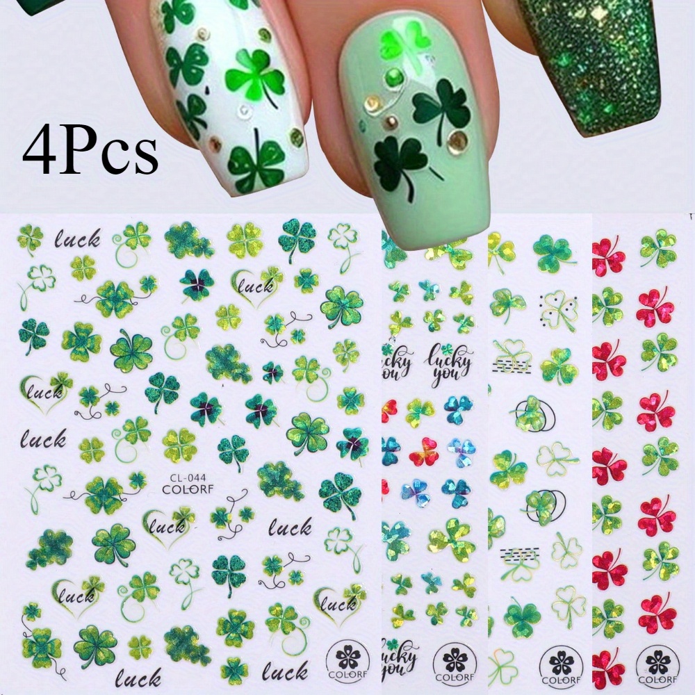 4pcs Green 4 Leaves Clover Nail Charms Stickers Cute Leaves Designs Adhesive Decals Nail Decorations
