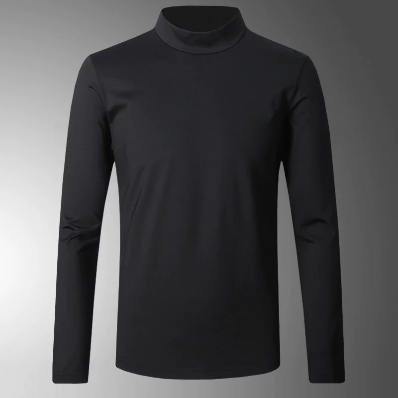 

1pc Men's Casual Polyester Turtleneck T-shirt - Long Sleeve, Solid Color, Knitted Stretch Fabric, Regular Fit