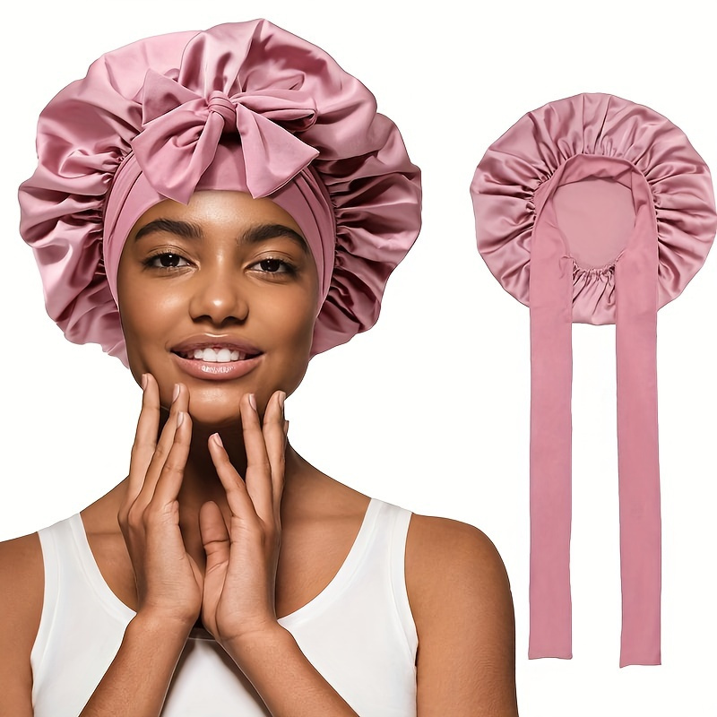 

Luxurious Pink Satin Sleep Cap For Women - Adjustable, Silk-like Night Hat With Bowknot, Ideal For Curly Hair, Nylon-polyamide , Fragrance-free - Perfect Gift For Ladies