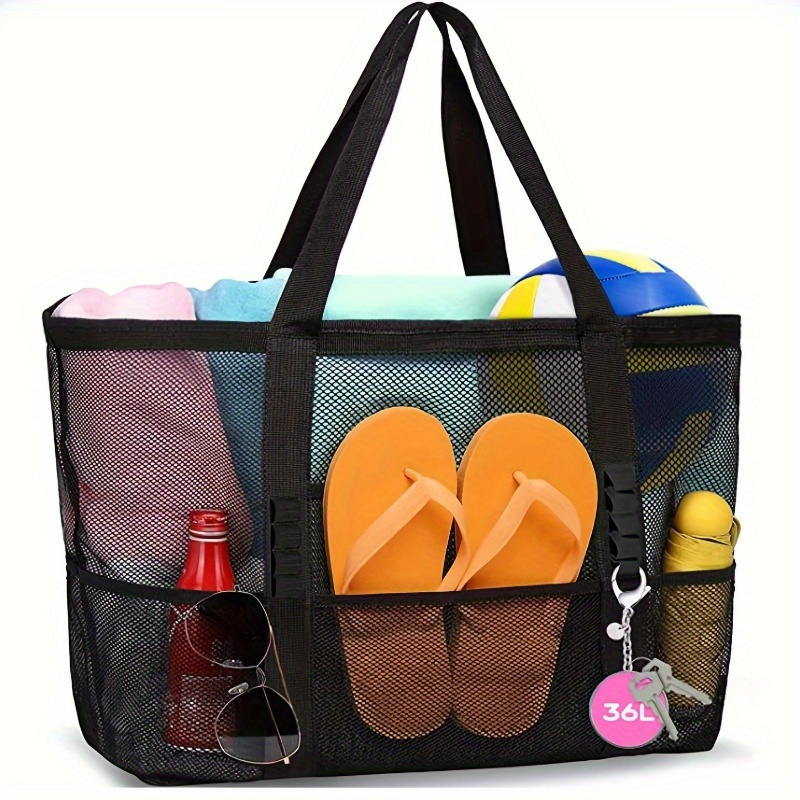 

1pc Large Capacity Beach Tote Bag, Waterproof Polyester, With Zipper And Extra Pockets, Ideal For Family Vacations And Beach Trips, Black, Outdoor Sports & , Swimming Accessories