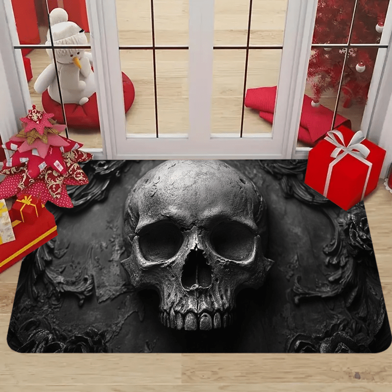 

Polyester Gothic Style And Roses Doormat - Vintage Etching Design, Machine Washable, Floral Home Decor Carpet For Christmas - 1pc Decorative Indoor Floor Mat