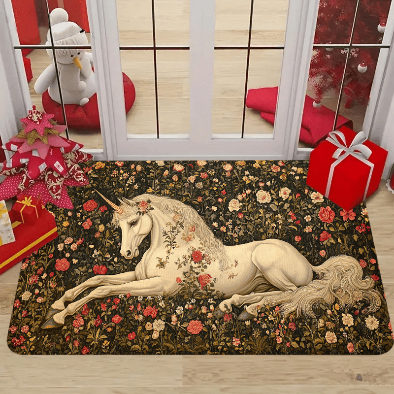 

Tapis de Zone Licorne & Imprimé Floral - Style Tapisserie Médiévale, Tapis de Décoration Maison en Polyester Lavable en Machine, Décoration de Noël