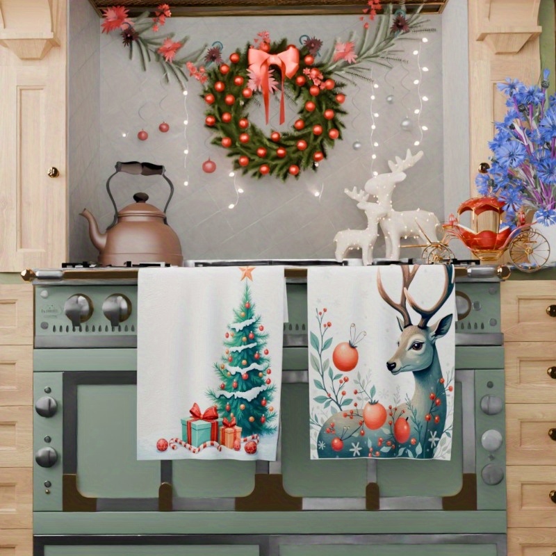 [2pcs christmas kitchen towels] 2pcs soft polyester kitchen towels, contemporary christmas themed dish cloths, 45.72x66.04 cm, machine washable, woven rectangular cleaning towels with   details 0