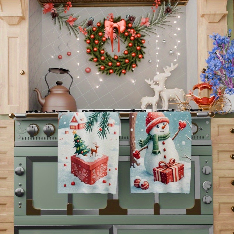 [2pcs merry christmas kitchen towels] 2-pack soft polyester kitchen towels, 45.72x66.04 cm, contemporary christmas themed dish towels, machine washable, woven, rectangular,   for   decor details 0