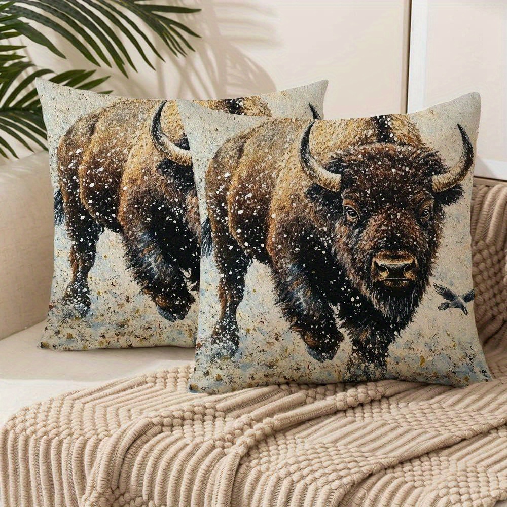 

2pcs Traditional-style Buffalo Throw Pillow Covers, Machine Washable Polyester, Double-sided Bull Design, Zipper Closure, Decorative Cushion Cases For Living Room, Sofa, Bedroom, Indoor/outdoor Use