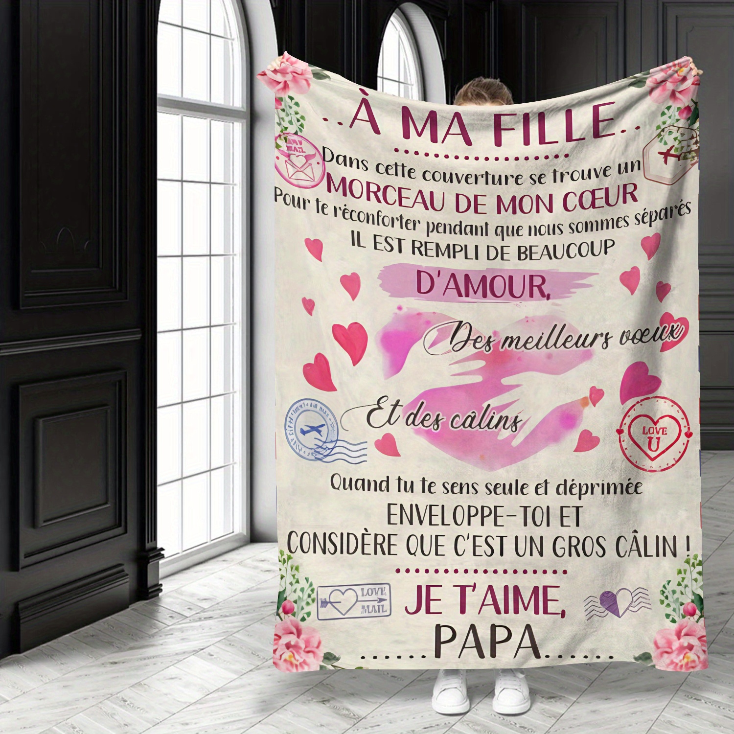 

1pc French Small Language Text Print Blanket Envelope Blanket Gift For Daughter Soft Blanket Flannel Blanket