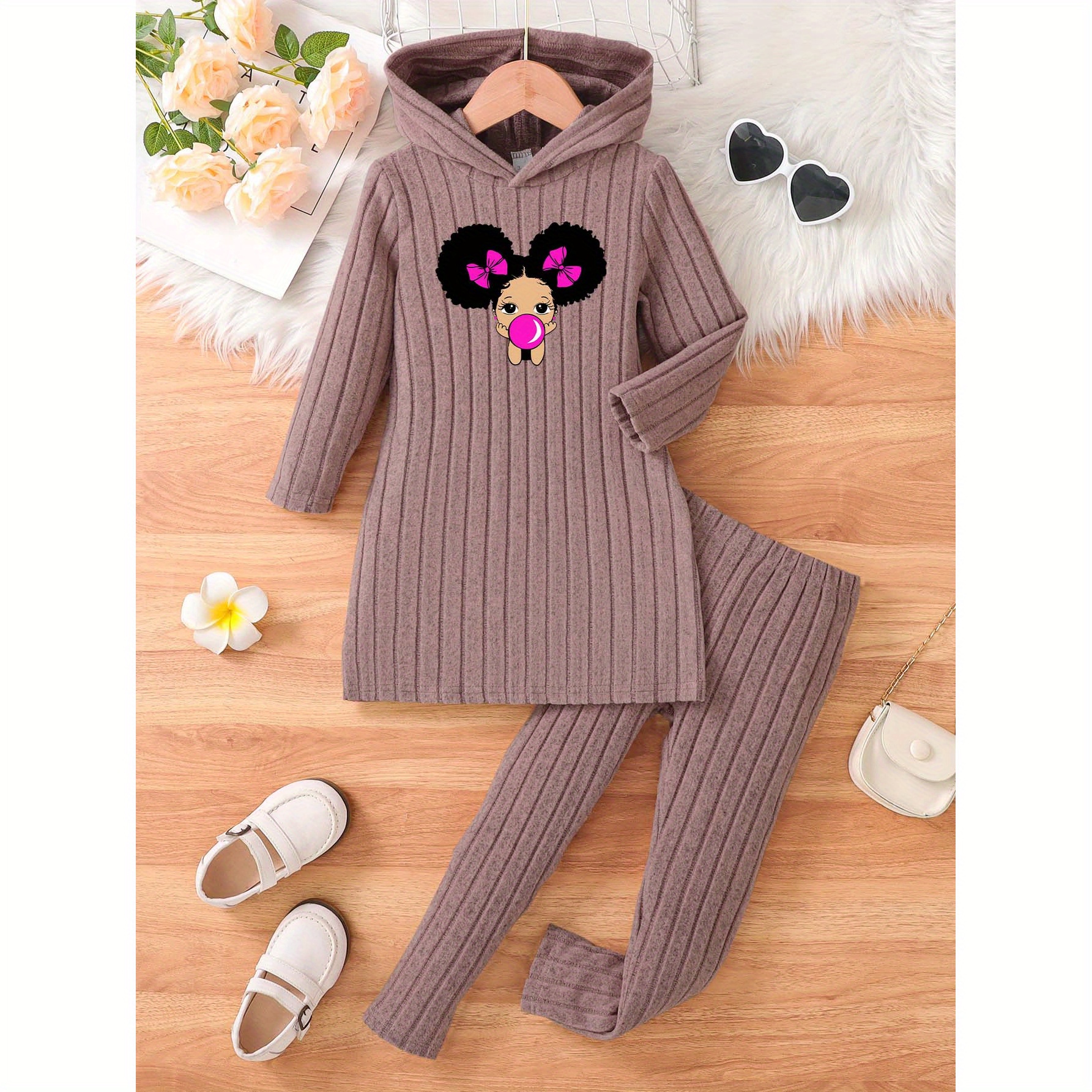 

Girls' Knit Hooded Dress & Leggings Set With Girl Print - Casual Pullover And Slim Fit Pants Outfit, Polyester & Elastane , Slight Stretch, Ideal For Spring/fall, 12 And Under, For Outdoor