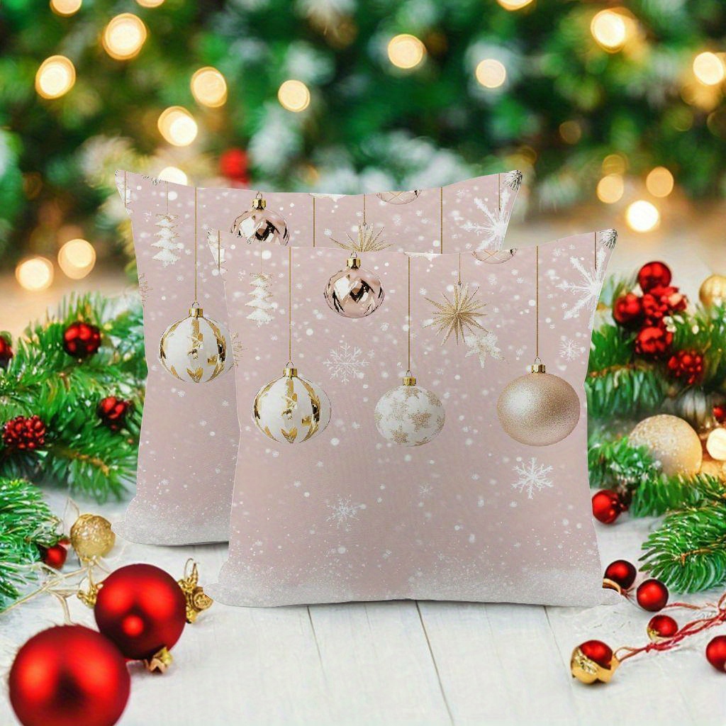 

2-pack Modern Geometric Christmas Pillow Covers, Pink Snowflakes And Ornaments Design, Short Plush Zippered Cases For Sofa And Living Room, Machine Washable, 18x18 Inches