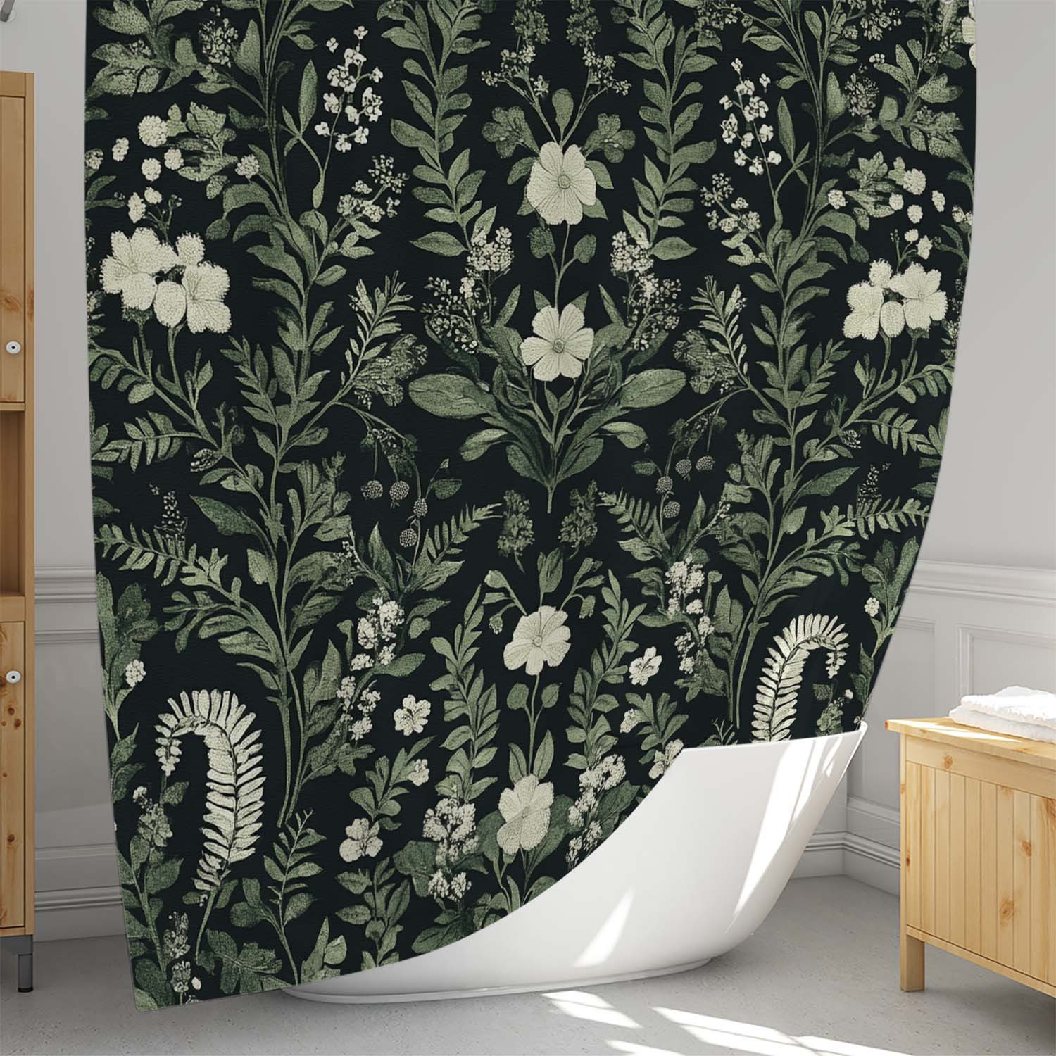 

1 Waterproof Shower Curtain With Green Plant Print, Curtain For Windows With 12 Hooks