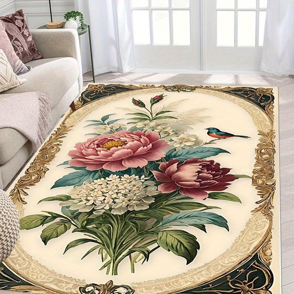 TEMU 1pc Elegant Floral Bird Area Rug - 800g/m² , Large Square Carpet With Vibrant & Green Foliage, Perfect For Living Room Or Office Decor, Adds And