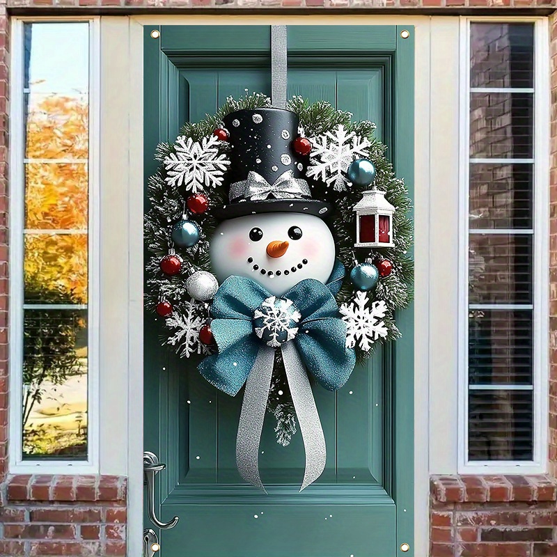 

Classic Snowman Christmas Wreath - 35.4x70.8" Polyester Door Cover, Indoor/outdoor Holiday Decor, No Battery Needed