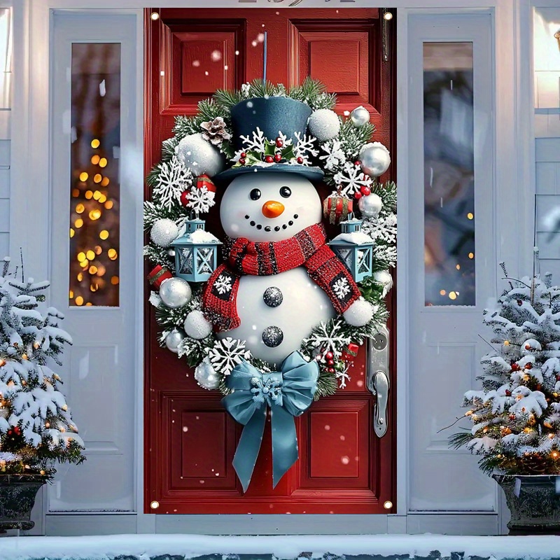 

Door Cover/hanging Ornament, Christmas Winter Snowman & Christmas Wreath Door Banner - 35.4x70.8" Polyester Holiday Decoration, Indoor/ Outdoor Parties And Photo Booths - Flat Printing, Not 3d