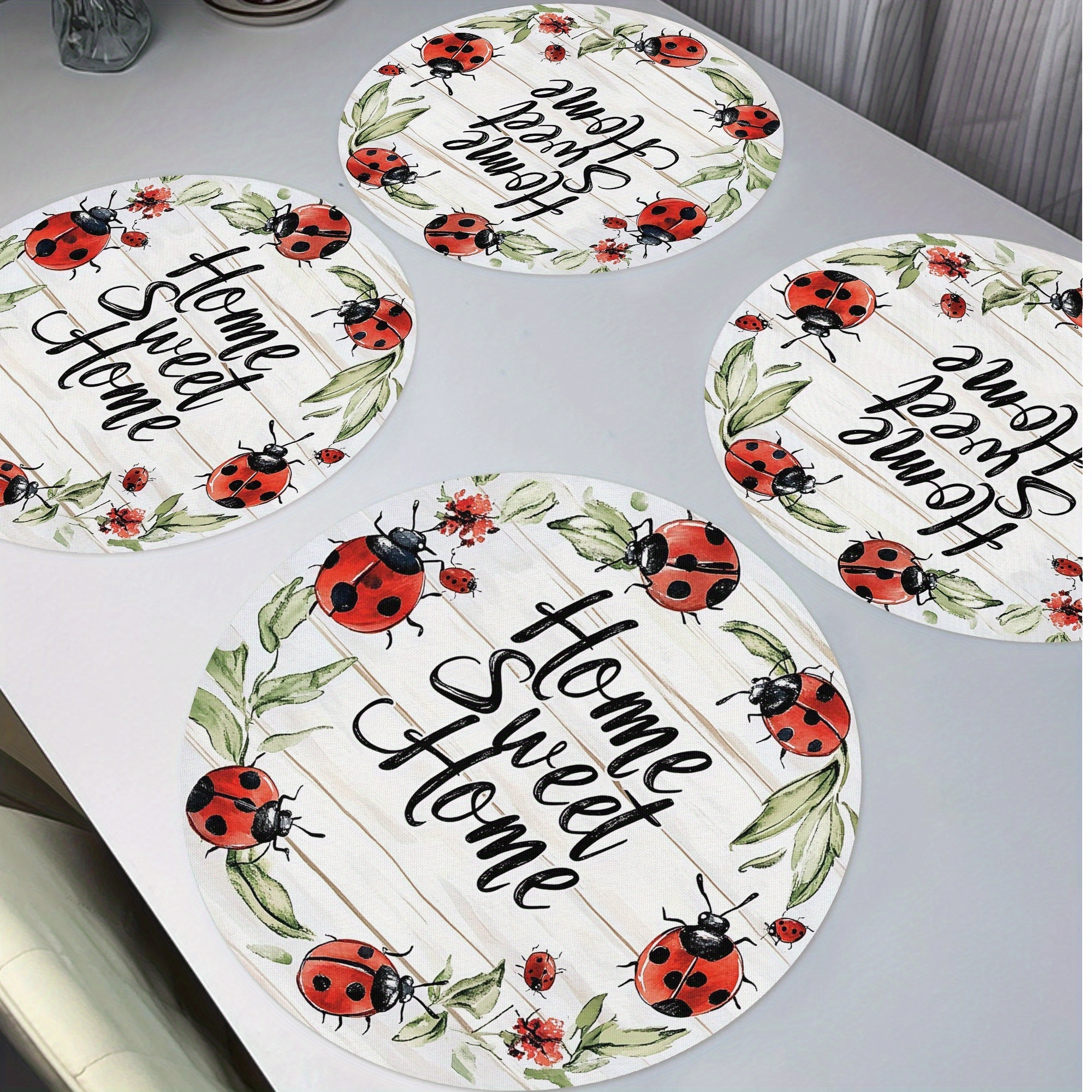 

4-pack Ladybug Round Placemats, 15" Polyester Table Mats, Non-slip Washable Home Decor, Handwash Only, For Daily Banquet Party Dining Table Decoration