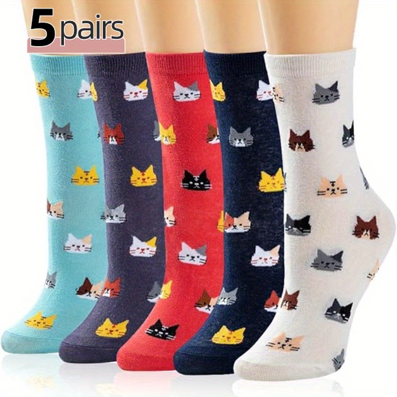 

5 Paires de Chaussettes Décontractées pour Femmes à d'Animaux Colorés et Mignons Imprimé Chat Confortables Respirantes Assorties pour Toutes les Automne et Hiver