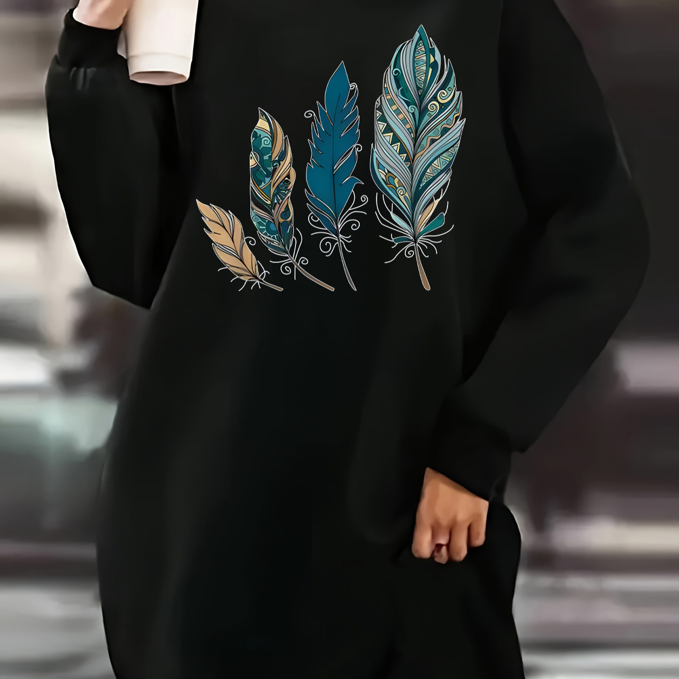 

Plus Size Feather Print Sweatshirt Dress - Casual Loose Fit, Long Sleeve, Round Neck, Polyester Knit - Machine Washable, Black With Blue & Design For Fall/winter