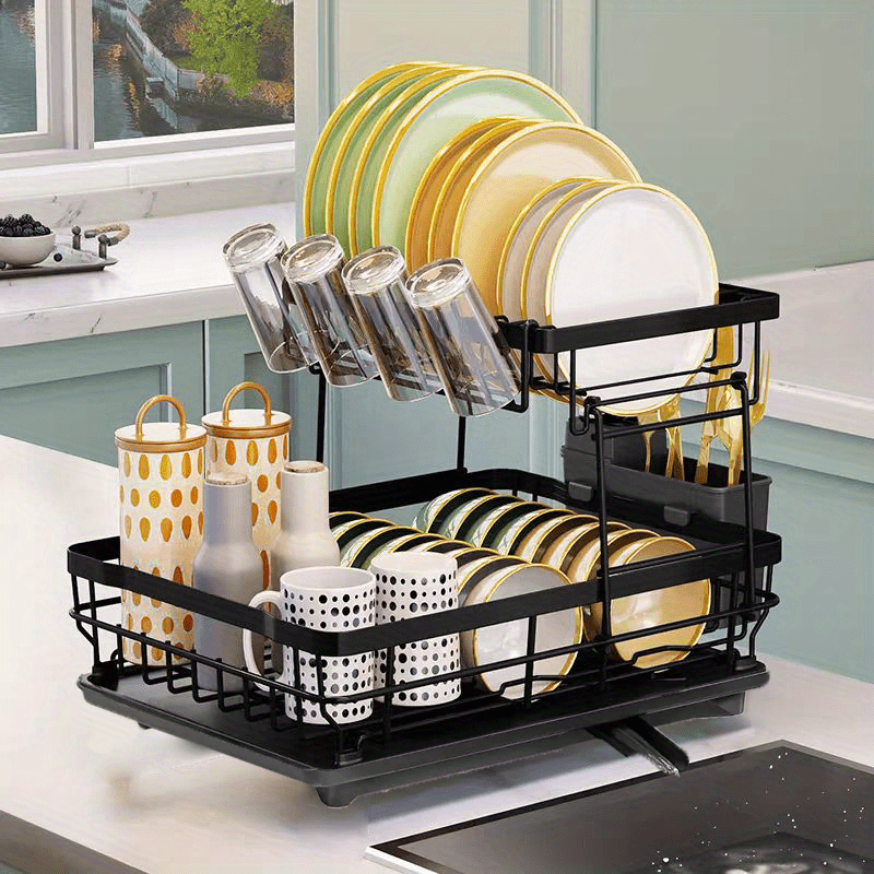 

1pc Sturdy 2-tier Iron Kitchen Dish Rack With & Cutlery Holder - Space-saving Countertop Organizer For Plates, Bowls, Cups & Utensils, Black, Dish Drying Rack