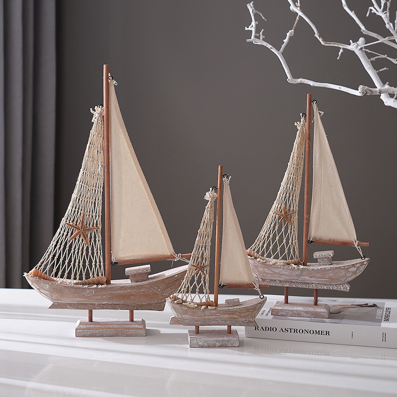 

1pc Vintage American Sailboat & Mediterranean Fishing Boat Wooden Model - Rustic With Starfish Netting, Antique-style Small For Coastal Or Beach-themed , Boat Accessories, Room Decor