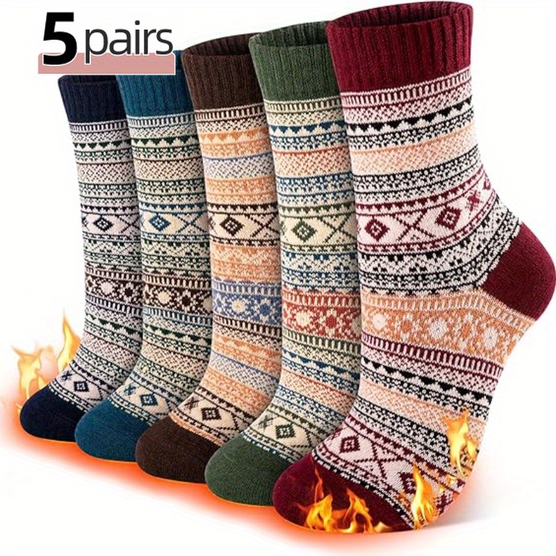 

5pcs Women's Cozy Winter Socks - Vintage Mid-calf, Soft & Breathable Work Socks With Geometric Patterns, Christmas Gifts