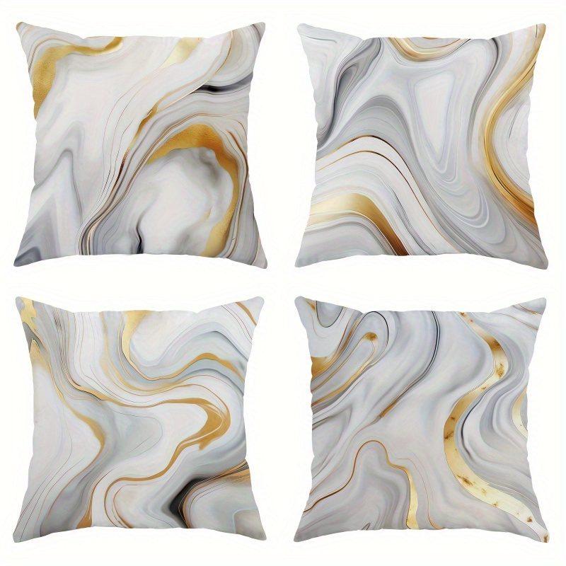 

4pcs Set Marble Gray & Golden Polyester Throw Pillow Covers, 18"x18", Modern Minimalist Abstract Texture, Zip Closure - Living Room, Bedroom, Sofa Decor