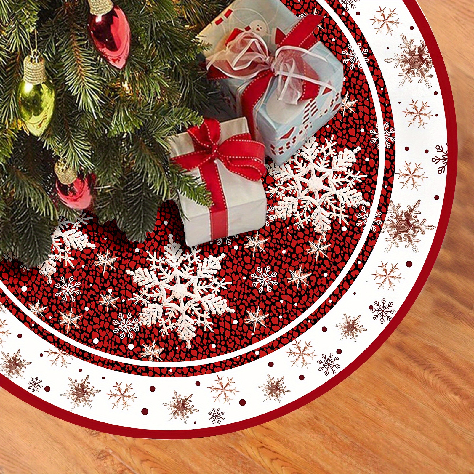 TEMU 1pc Red & Leopard Print Christmas Tree Skirt With Round Cut-out Snowflakes - 48-inch Wide Holiday Suitable For Indoor/outdoor Decorations