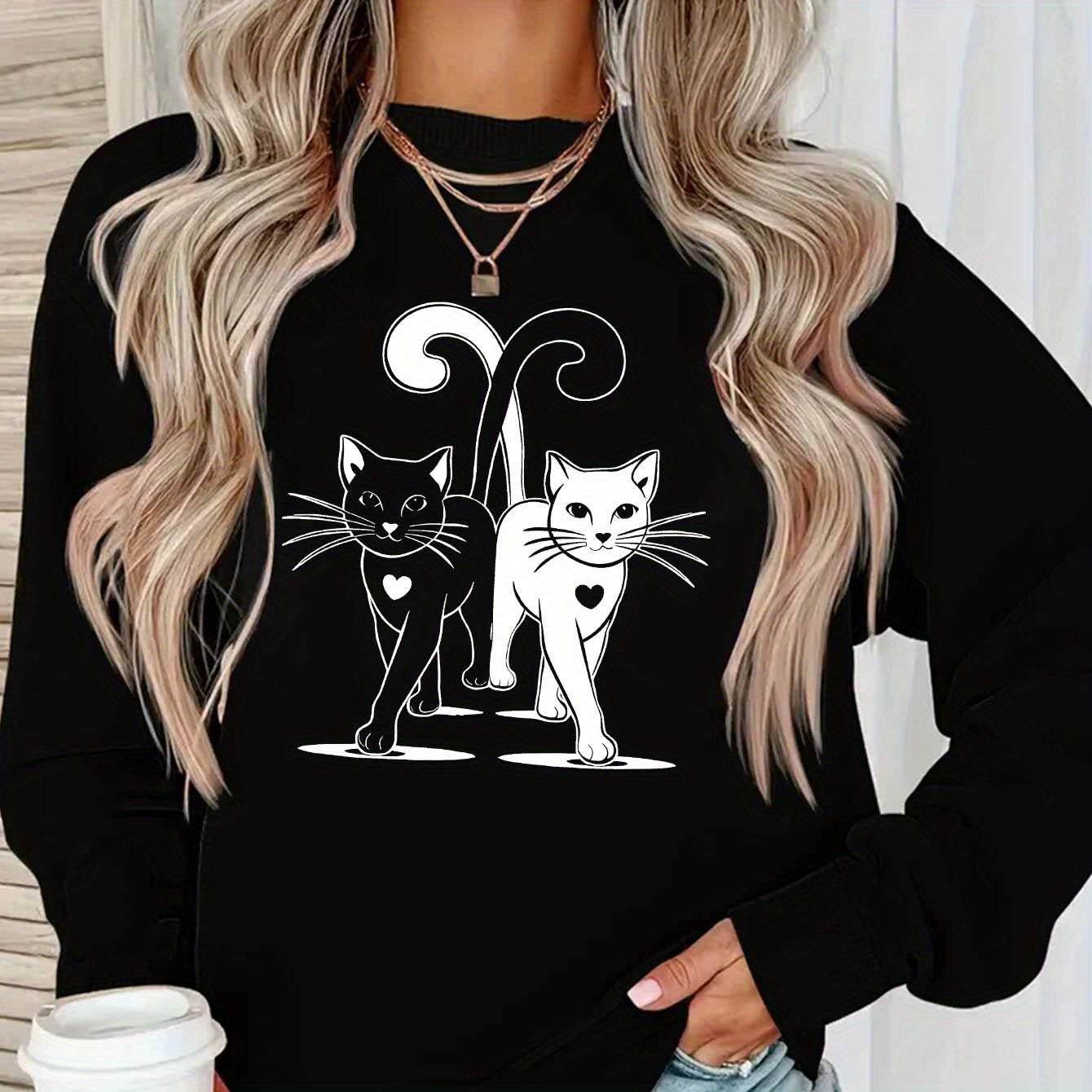 

Pull Doublé en pour Femme avec Imprimé Chat Cartoon - Col Rond, Manches Longues, Décontracté & Élégant, Mélange de Polyester, Lavable en Machine - Parfait pour Toutes les