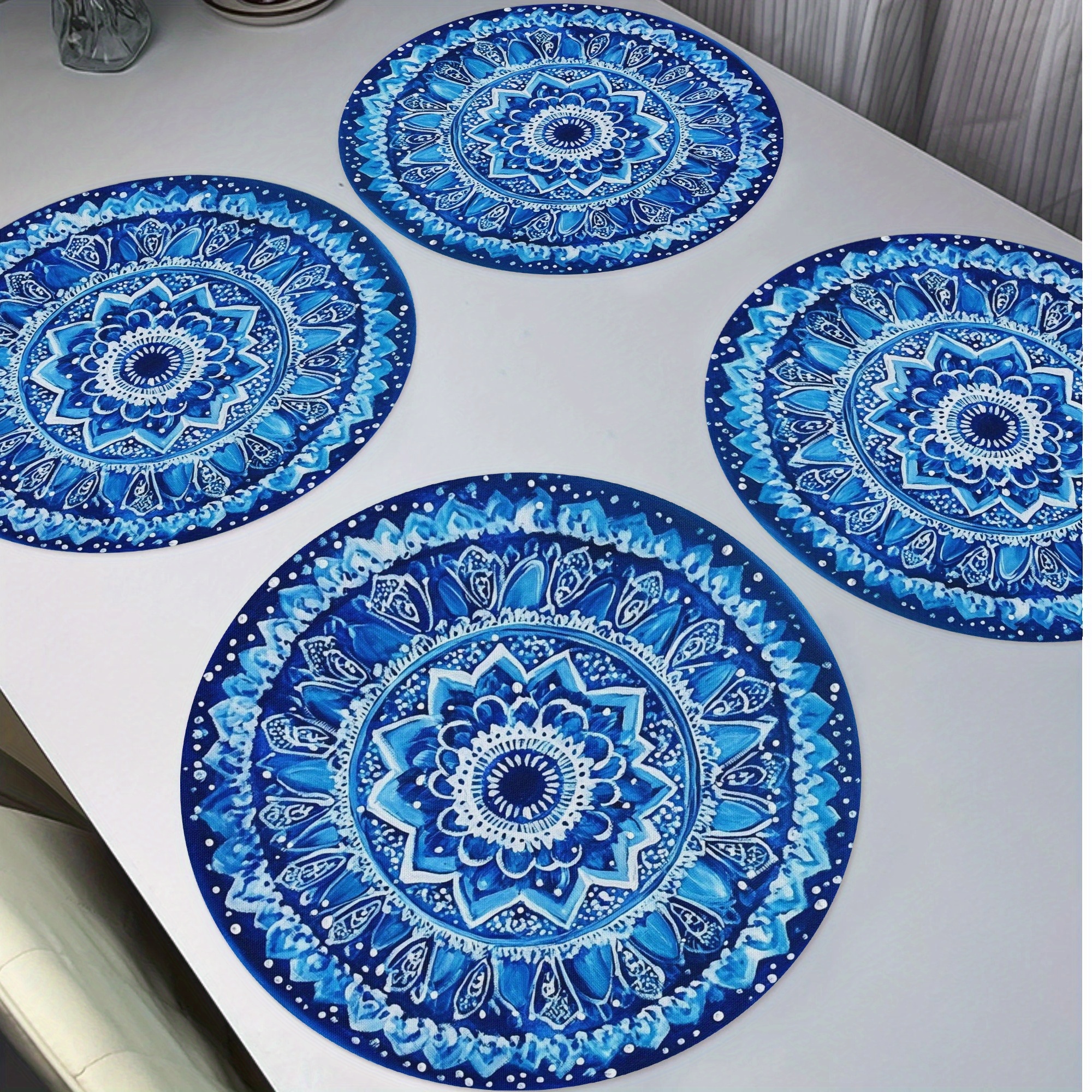 

4pcs Blue Mandala Round Placemats, Bohemian Holiday Daliy Non-slip Placemats Washable Heat Resistant Table Mats 15" For Party Kitchen Dining Home Decor