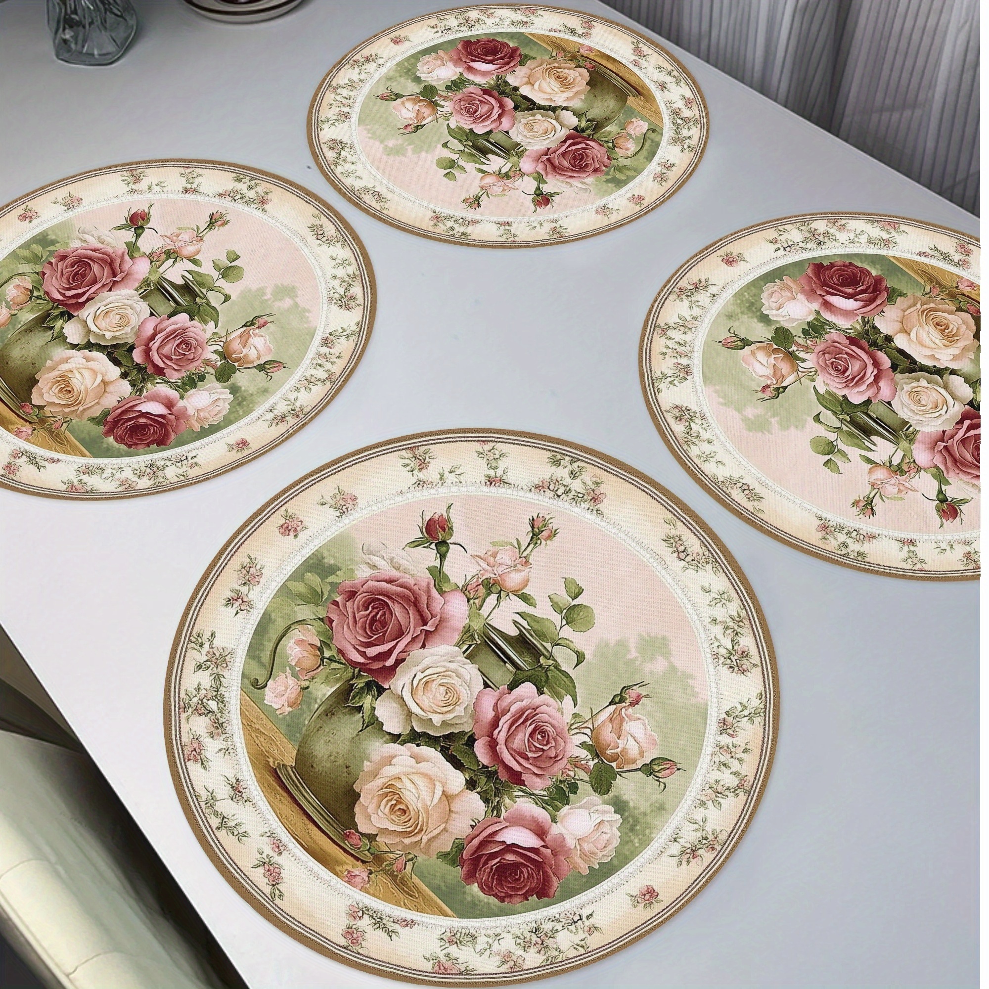 

4pcs, Christmas Bouquet Placemats, Round Table Mats For Home Decor Non-slip Washable Place Mats For Daily Banquet Party Dining Table Decoration 15