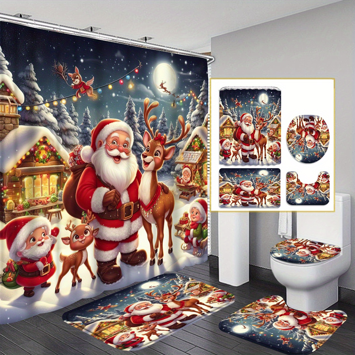 

1/4pcs Christmas Christmas Shower Curtain Set, Decorate Bathroom Set, Including Shower Curtain , Mat, Lid Mat And U-shaped Carpet, Bathtub , Bathroom Accessories,