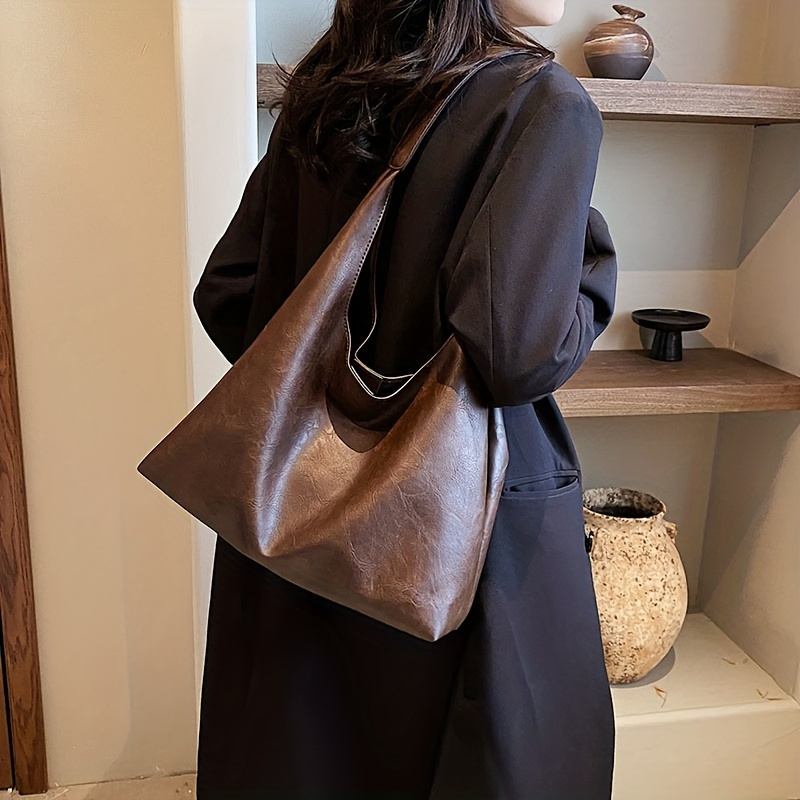 

1pc Women's Vintage Solid Color Pu Hobo Bag, Lightweight Casual Shoulder Tote With Insert Pouch, Closure, Hand Washable - In Coffee, Dark Brown, Black