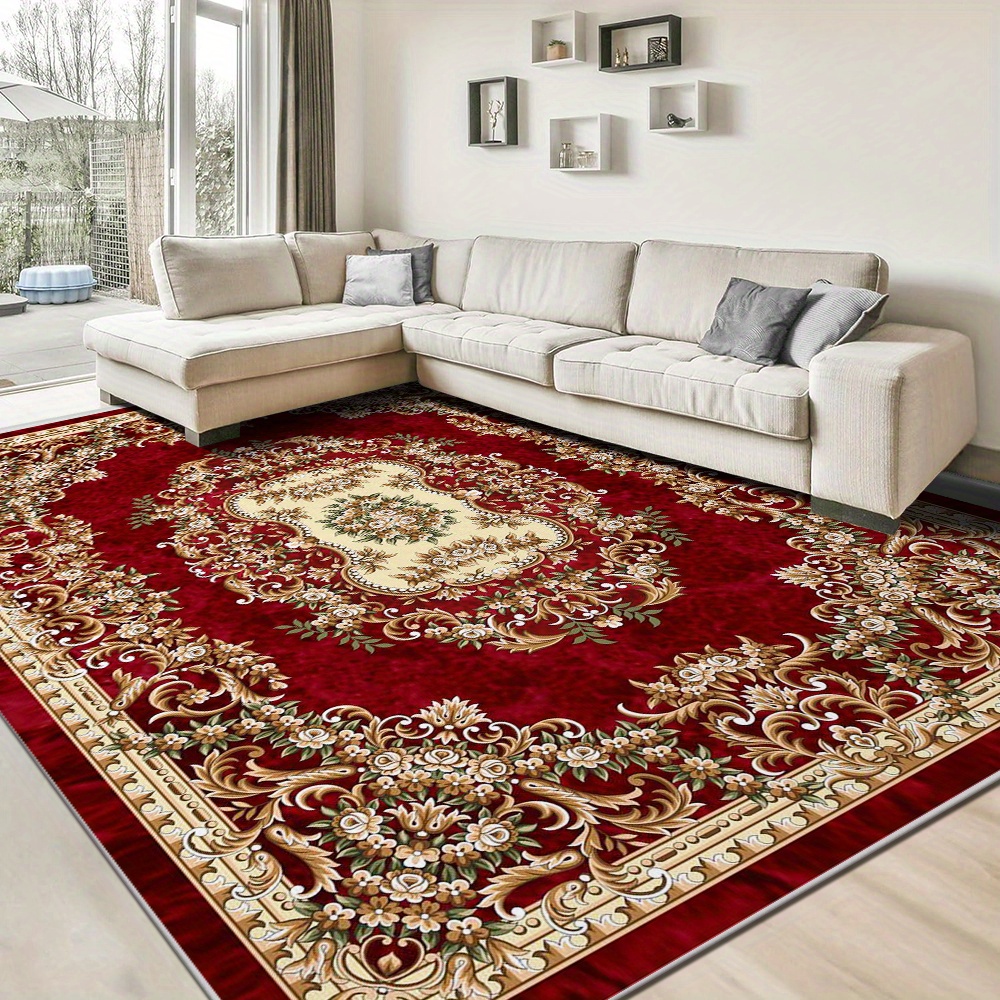 TEMU Bohemian Style With Intricate Floral And Geometric Patterns In Red, Golden, And Beige, Living Room, Bedroom, Or Office, Multiple Sizes , Rugs For Living Room