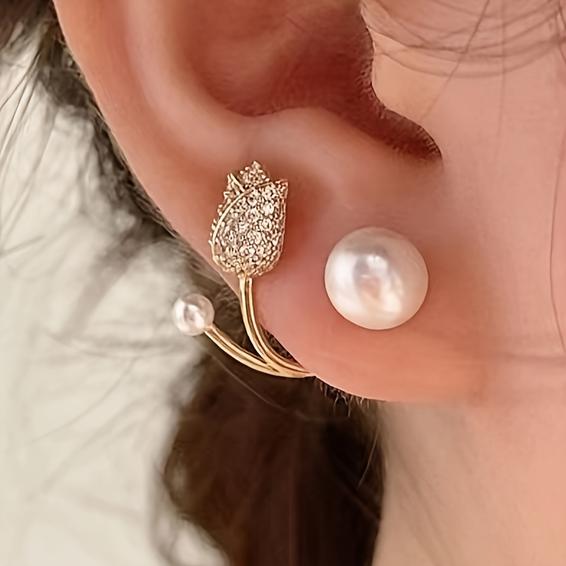 

Elegant -shaped Stud Earrings With Synthetic Crystals & Pearls - Chic Alloy Design For Women, Parties & Gifts, , No Golden Plating, Elegant Style,