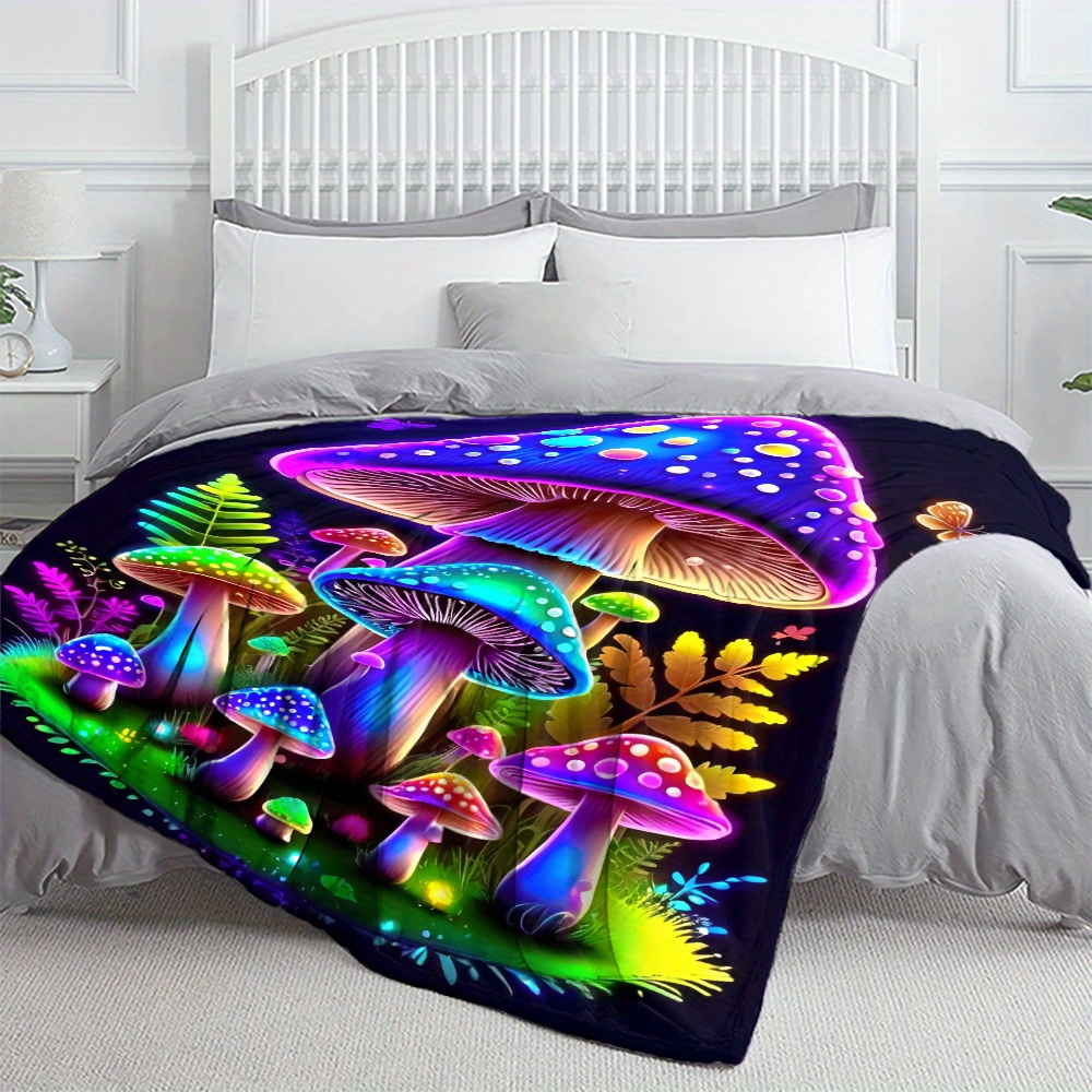 TEMU 1pc, Vibrant Purple Mushroom Printed Fleece Blanket, Soft And Warm Flannel Throw For Sofa, Bed, Travel, Camping, Living Room, Office, Couch,