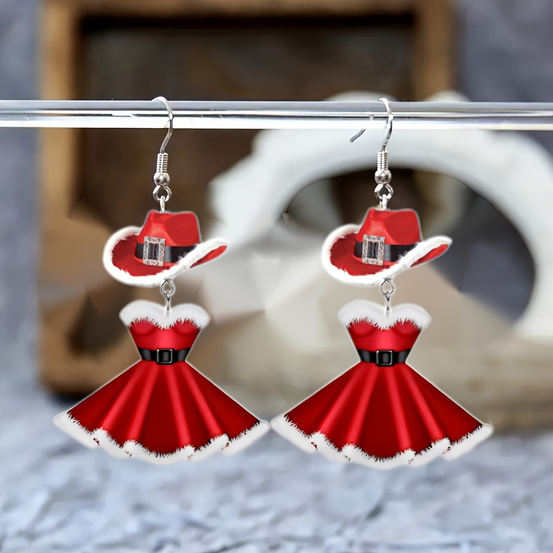 

Christmas Dress & Hat Earrings - Long Drop Dangle Design For , Santa Claus Inspired, Ideal For Holiday Parties & Gifts, Acrylic With Copper Hooks, Pair Pack, Christmas Earrings