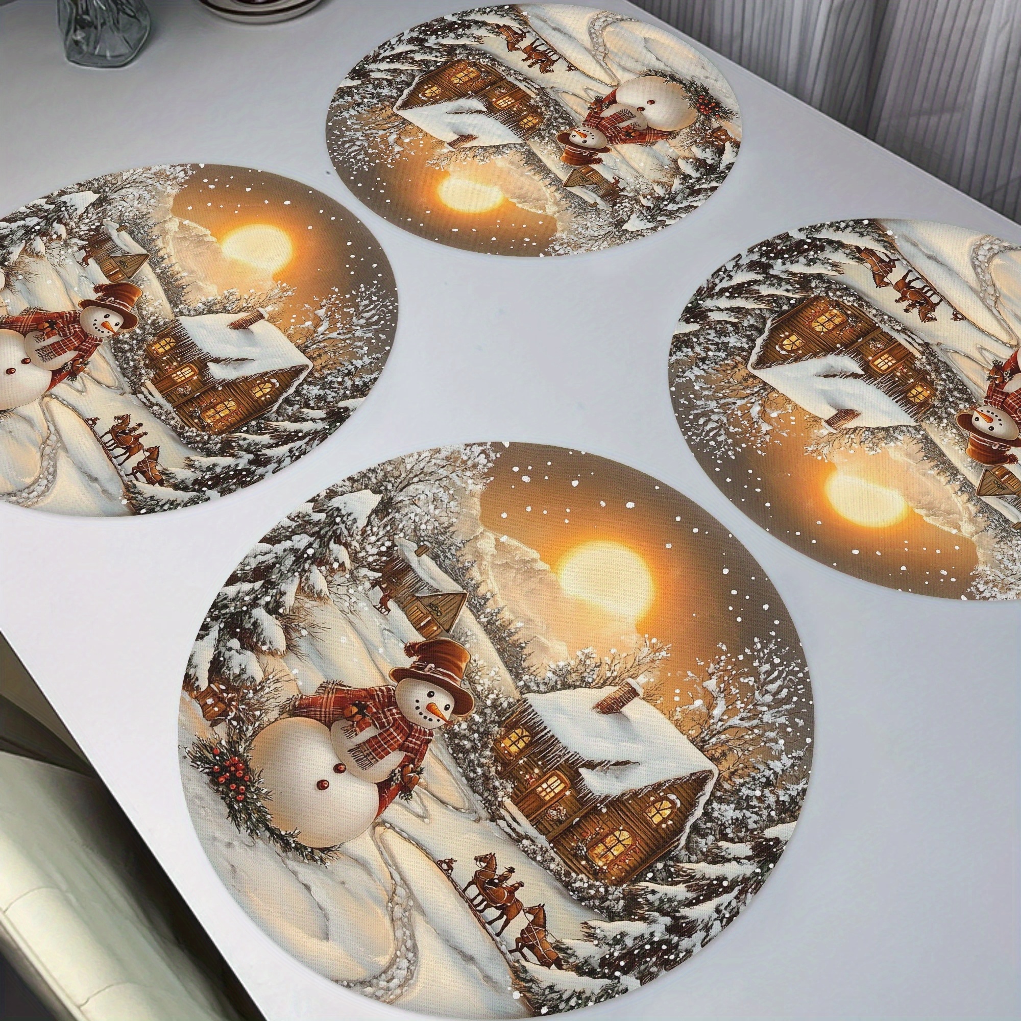 

4-pack Christmas Snowman Placemats, 15" Round Polyester Table Mats, Tree House Winter Theme, Non-slip, Washable, Handwash Only, For Home Kitchen Banquet Party Dining Decor