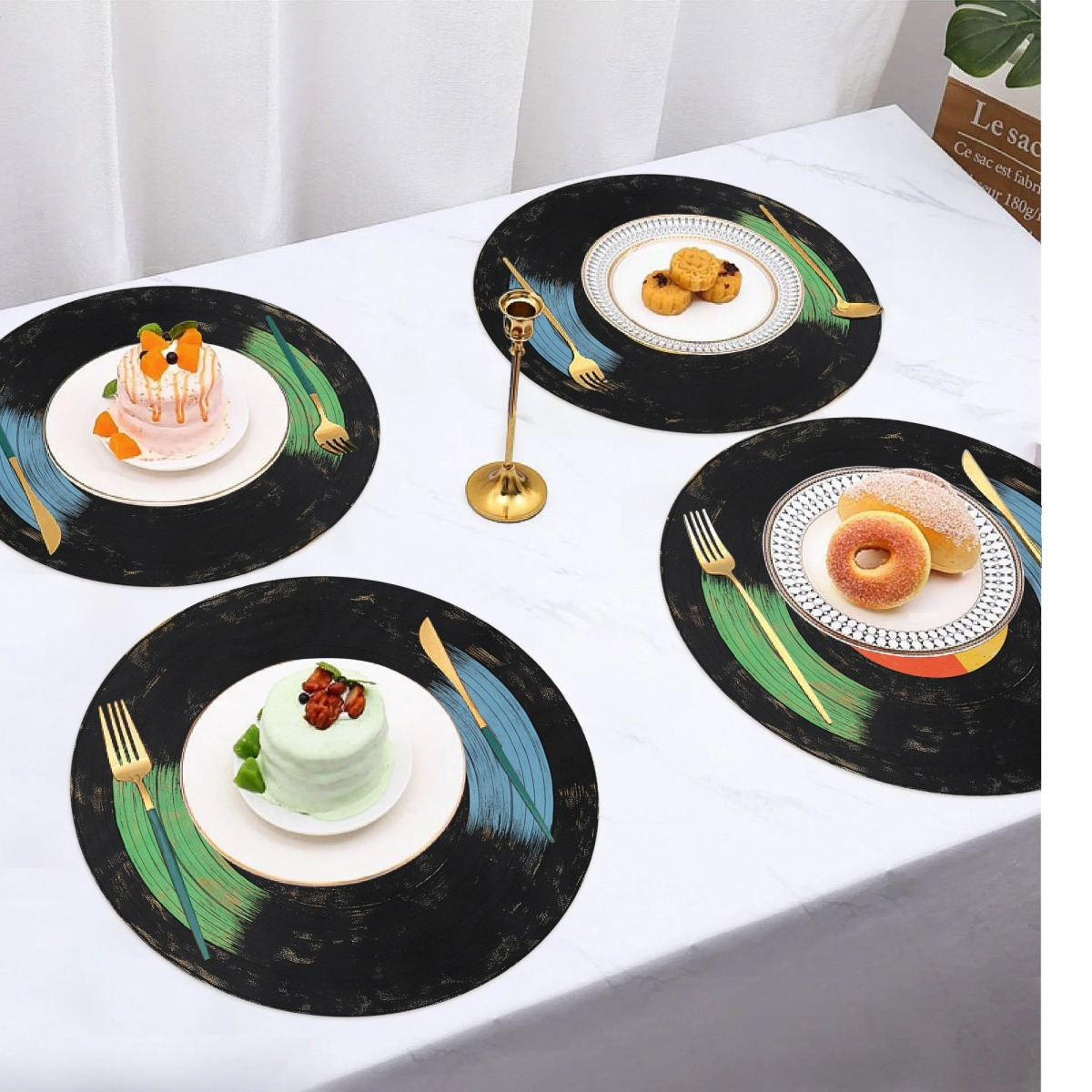 

4pcs Vinyl Record Design Placemats, 15-inch Round Washable Polyester Non-woven Table Mats For Dining Room, Kitchen, And Restaurant Decor