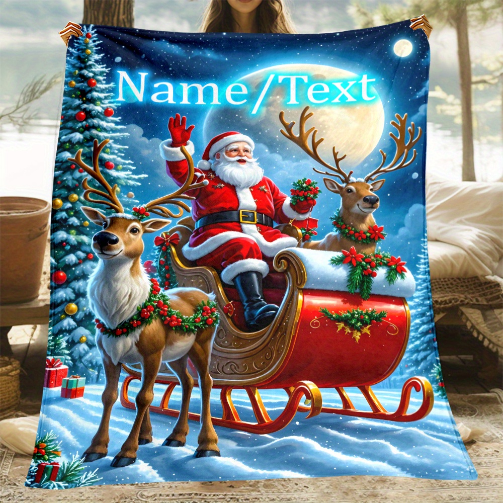 

1pc Custom Name Blanket, Christmas Print Personalized Gift For Friend , Soft Warm Throw Blanket Nap Blanket For Couch Sofa Office Bed Camping Travel, Multi- Flannel Blanket