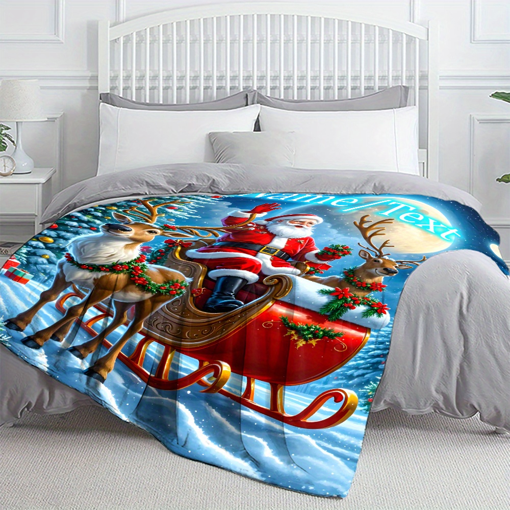 TEMU 1pc Couverture en Flanelle Personnalisée avec Nom, Scène de Noël Père Noël et Traîneau - Douce, Chaude et Légère, Impression Numérique 3D,