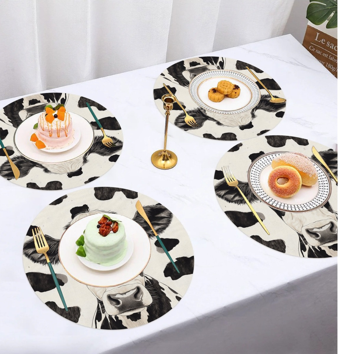 

4pcs Set Cow Print Round Placemats - 15" Water-resistant, Easy-clean Polyester Table Mats For Dining & Kitchen Decor