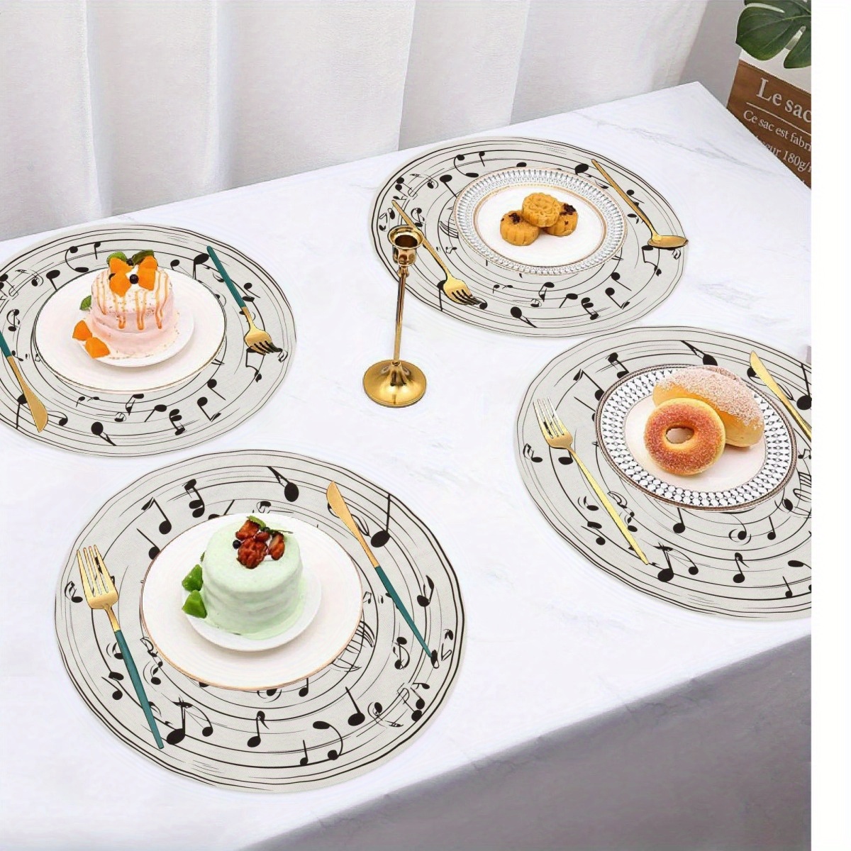 

4-pack Music Note Round Placemats, 15-inch Polyester Table Mats, Water-resistant, Easy-to-clean, , For Home Dining Room, Restaurant, And Kitchen Decor