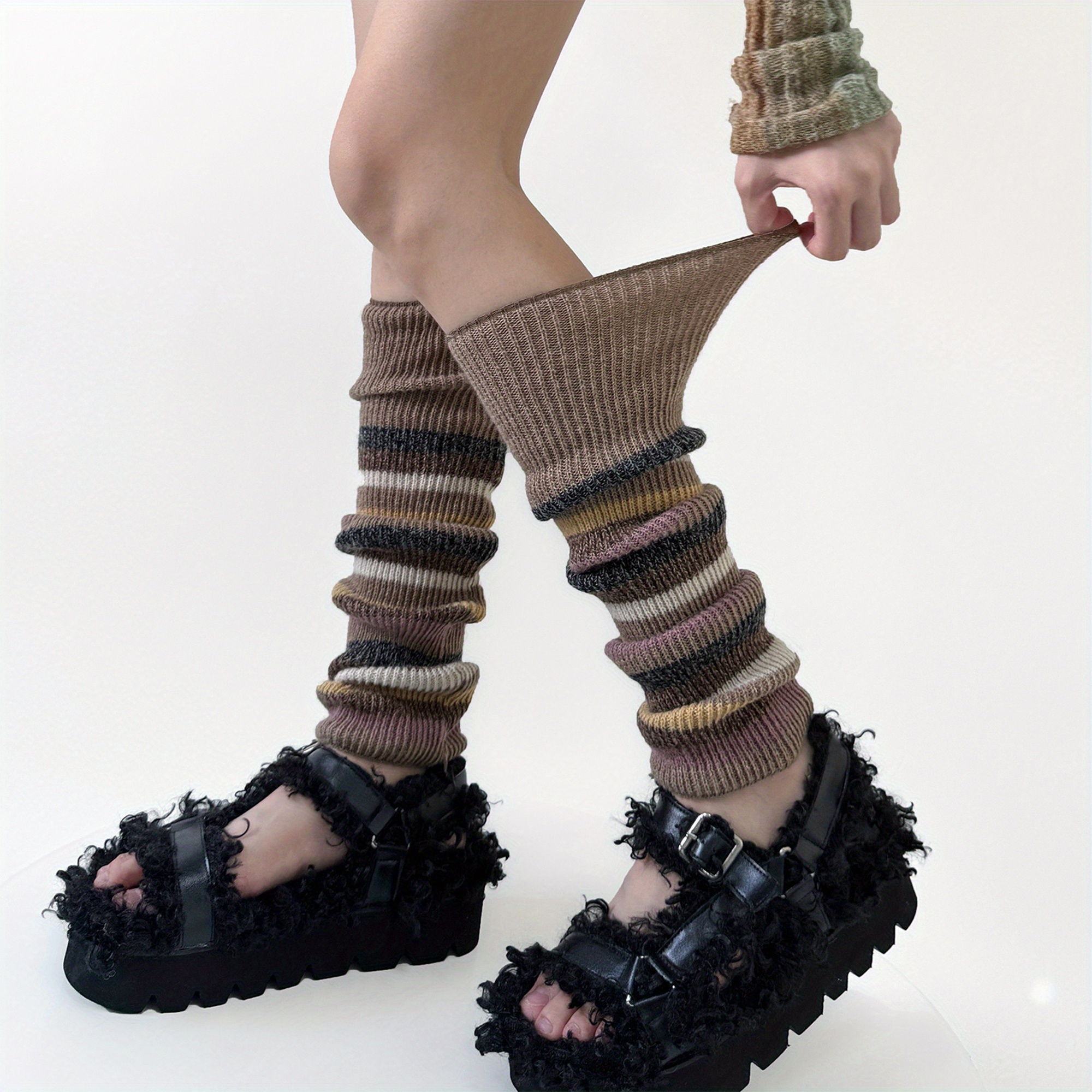 

Women Knit Leg Warmers, Vintage Knee-high Striped Leg Warmers Socks For