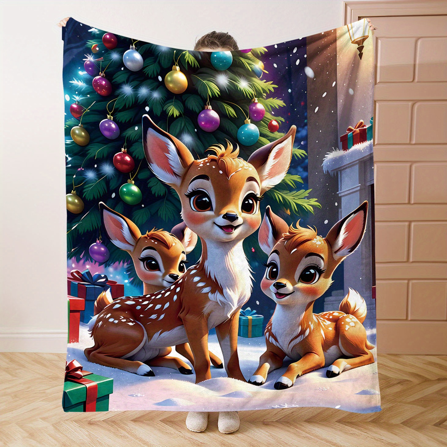 

Christmas 1pc Cartoon Christmas Moose Print Flannel Blanket, Soft And Comfortable Throw Blanket For Bed, Sofa, Office, Camping