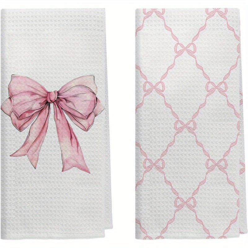 

2pcs Polyester Kitchen & Bathroom Towels, 18x26 Inches - Pink Bow & Diamond , Machine Washable,